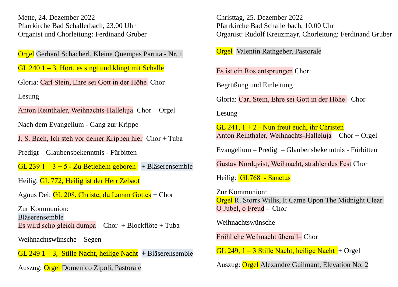 Programm Mette und Christtag 2022